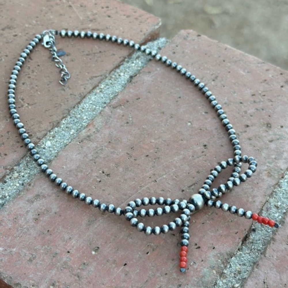 Sterling Silver & Coral Pearl Bow Tie Necklace 16-18 inches